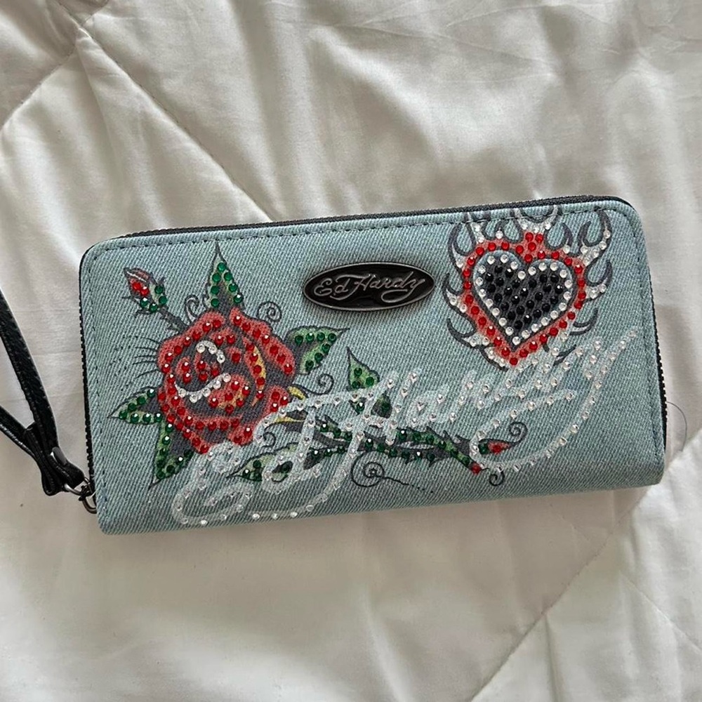 Ed Hardy denim rhinestone wallet